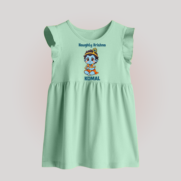 Naughty Little Krishna Flute Theme Print Baby Frock - MINT GREEN - 0 - 3 Months Old (Chest 17")