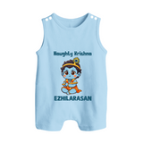Naughty Little Krishna Flute Theme Print Button Romper - BABY BLUE - New Born (Chest 18")