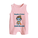 Naughty Little Krishna Flute Theme Print Button Romper - BABY PINK - New Born (Chest 18")