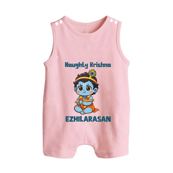 Naughty Little Krishna Flute Theme Print Button Romper - BABY PINK - New Born (Chest 18")