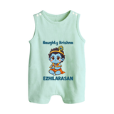 Naughty Little Krishna Flute Theme Print Button Romper - MINT GREEN - New Born (Chest 18")