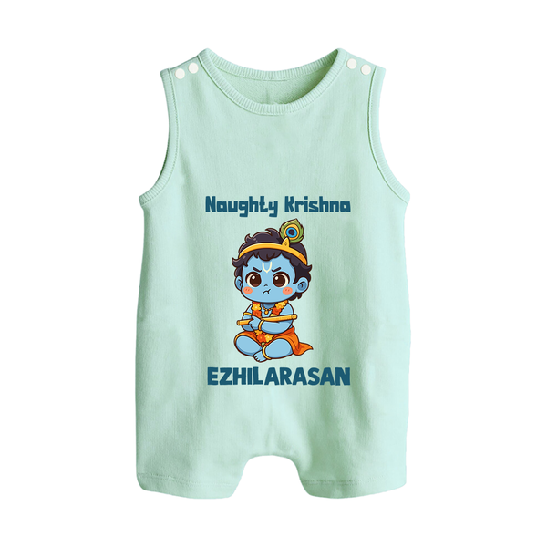 Naughty Little Krishna Flute Theme Print Button Romper - MINT GREEN - New Born (Chest 18")