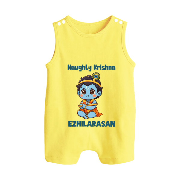 Naughty Little Krishna Flute Theme Print Button Romper - PASTEL YELLOW - New Born (Chest 18")