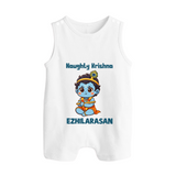 Naughty Little Krishna Flute Theme Print Button Romper - WHITE - New Born (Chest 18")