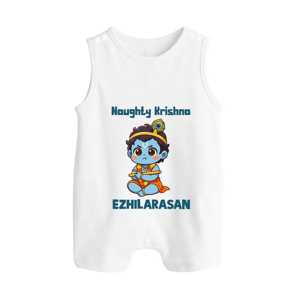 Naughty Little Krishna Flute Theme Print Button Romper - WHITE - New Born (Chest 18")