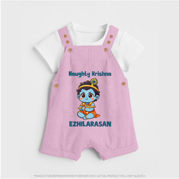 Naughty Little Krishna Flute Theme Print Dungaree - BABY PINK - 0 - 5 Months Old (Chest 18")