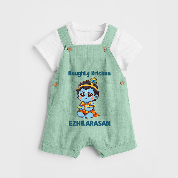 Naughty Little Krishna Flute Theme Print Dungaree - MINT GREEN - 0 - 5 Months Old (Chest 18")