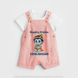 Naughty Little Krishna Flute Theme Print Dungaree - PEACH - 0 - 5 Months Old (Chest 18")