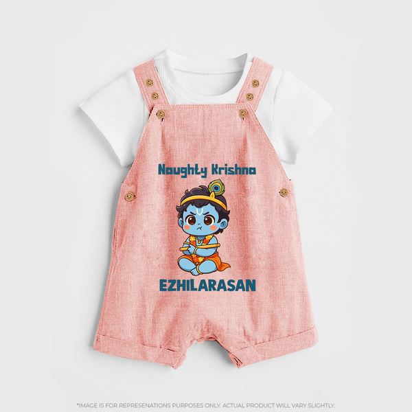 Naughty Little Krishna Flute Theme Print Dungaree - PEACH - 0 - 5 Months Old (Chest 18")