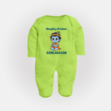 Naughty Little Krishna Flute Theme Print Fullbody suit - LIME GREEN - New Born (Chest 7.5")
