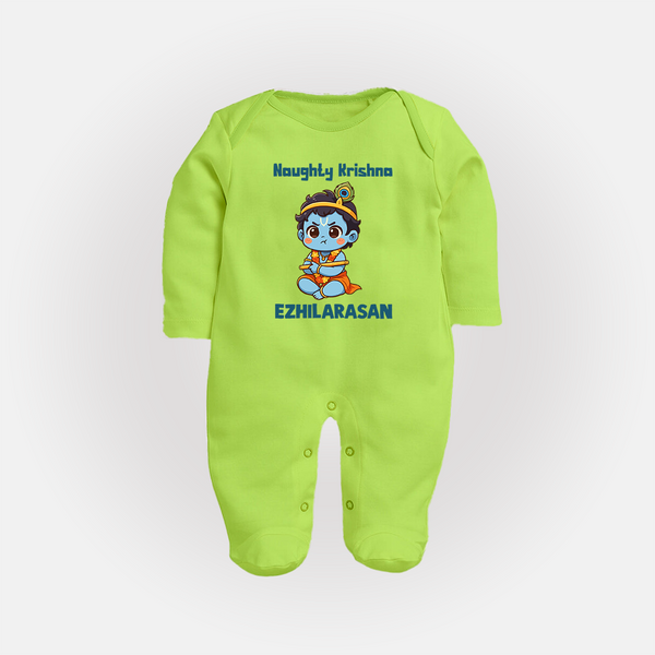 Naughty Little Krishna Flute Theme Print Fullbody suit - LIME GREEN - New Born (Chest 7.5")
