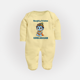 Naughty Little Krishna Flute Theme Print Fullbody suit - PASTEL YELLOW - New Born (Chest 7.5")