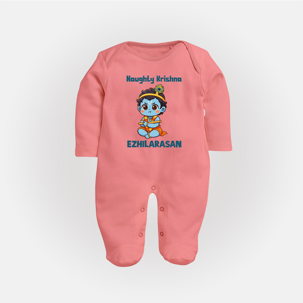 Naughty Little Krishna Flute Theme Print Fullbody suit - PEACH - New Born (Chest 7.5")