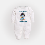 Naughty Little Krishna Flute Theme Print Fullbody suit - WHITE - New Born (Chest 7.5")