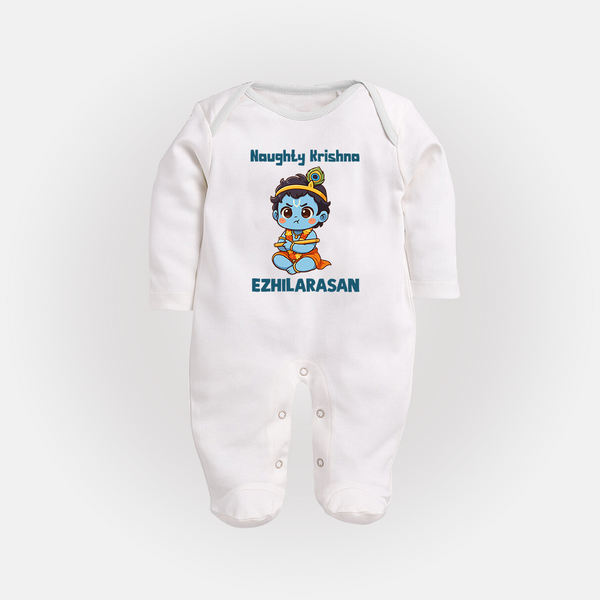 Naughty Little Krishna Flute Theme Print Fullbody suit - WHITE - New Born (Chest 7.5")