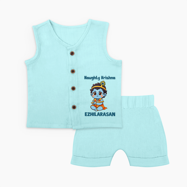 Naughty Little Krishna Flute Theme Print Jhabla Set - BABY BLUE - 0 - 3 Months Old (Chest 9.8")