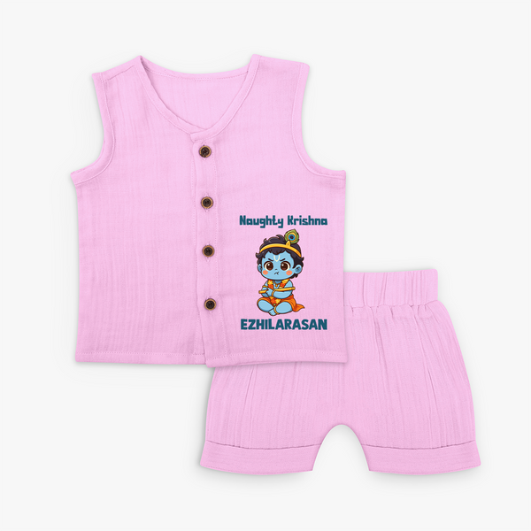Naughty Little Krishna Flute Theme Print Jhabla Set - BABY PINK - 0 - 3 Months Old (Chest 9.8")