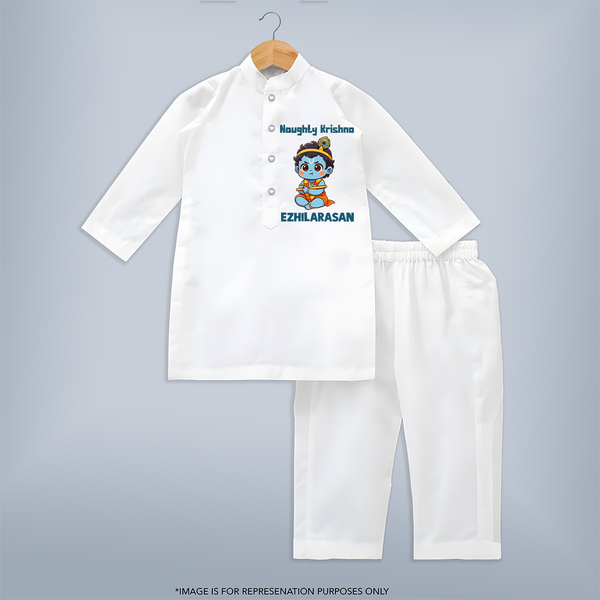 Naughty Little Krishna Flute Theme Print Kurta - WHITE - 3 - 6 Months Old (Chest 24", Kurta Length 14'', Waist 19", Pant Length 14")