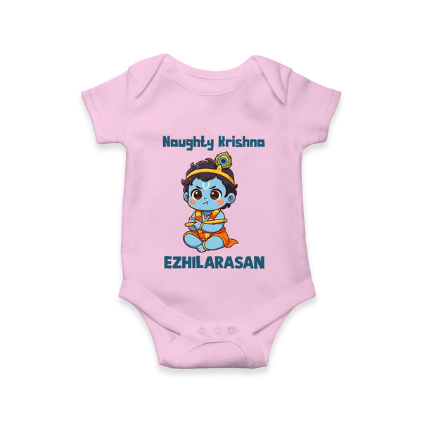Naughty Little Krishna Flute Theme Print Romper - BABY PINK - New Born (Chest 14")