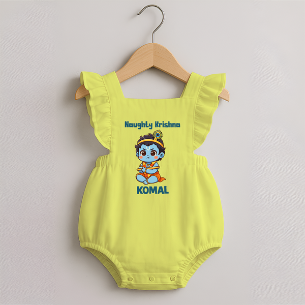 Naughty Little Krishna Flute Theme Print Romper Frock - PASTEL YELLOW - 0 - 3 Months Old (Chest 19")