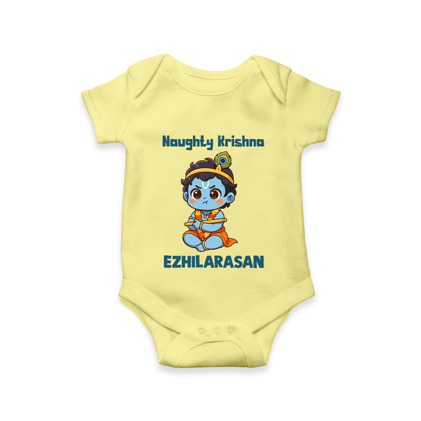Naughty Little Krishna Flute Theme Print Romper - PASTEL YELLOW - New Born (Chest 14")