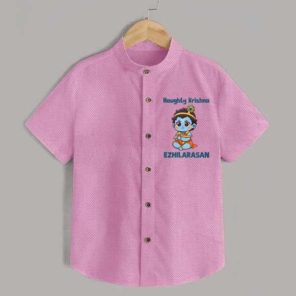 Naughty Little Krishna Flute Theme Print Shirt - BABY PINK - 0 - 6 Months Old (Chest 23")