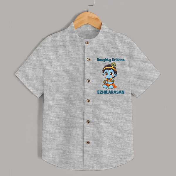 Naughty Little Krishna Flute Theme Print Shirt - GREY - 0 - 6 Months Old (Chest 23")