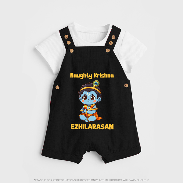 Naughty Little Krishna Flute Theme Print Dungaree - BLACK - 0 - 5 Months Old (Chest 18")