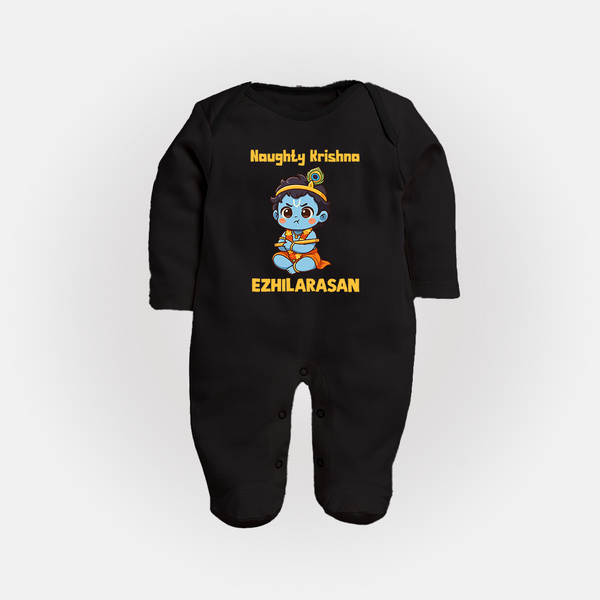 Naughty Little Krishna Flute Theme Print Fullbody suit - BLACK - New Born (Chest 7.5")