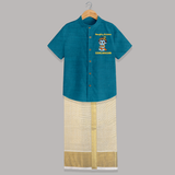 Naughty Little Krishna Flute Theme Print Shirt and Dhoti - PEACOCK BLUE - 0 - 6 Months Old (Chest-23") (Dhoti length-14")