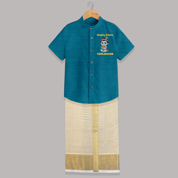Naughty Little Krishna Flute Theme Print Shirt and Dhoti - PEACOCK BLUE - 0 - 6 Months Old (Chest-23") (Dhoti length-14")