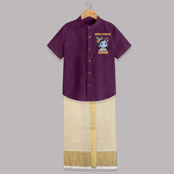 Little Krishna Floral Crown Print Shirt and Dhoti - GRAPE - 0 - 6 Months Old (Chest-23") (Dhoti length-14")