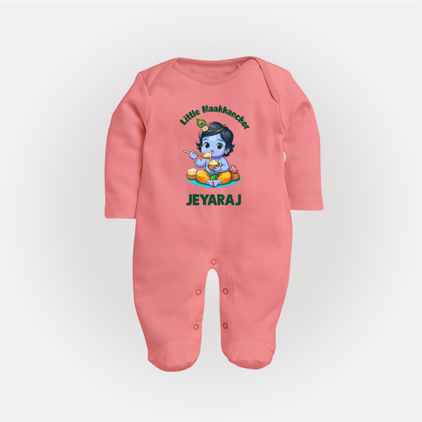 Little Maakhan Chor Butter Delight Print Fullbody suit - PEACH - New Born (Chest 7.5")