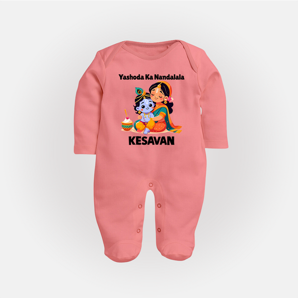 Yashoda Krishna Motherly Love Print Fullbody suit - PEACH - New Born (Chest 7.5")