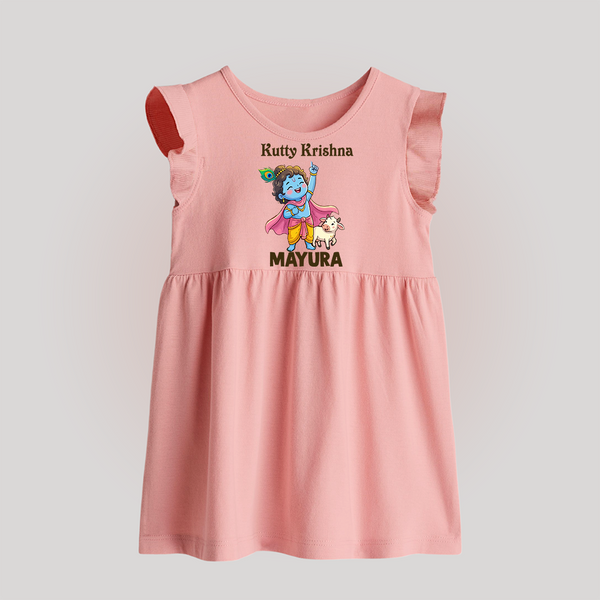 Cute Krishna Cow & Flute Theme Print Baby Frock - BABY PINK - 0 - 3 Months Old (Chest 17")