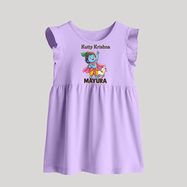Cute Krishna Cow & Flute Theme Print Baby Frock - LILAC - 0 - 3 Months Old (Chest 17")