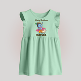 Cute Krishna Cow & Flute Theme Print Baby Frock - MINT GREEN - 0 - 3 Months Old (Chest 17")