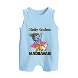Cute Krishna Cow & Flute Theme Print Button Romper - BABY BLUE - New Born (Chest 18")