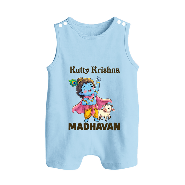 Cute Krishna Cow & Flute Theme Print Button Romper - BABY BLUE - New Born (Chest 18")