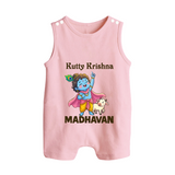 Cute Krishna Cow & Flute Theme Print Button Romper - BABY PINK - New Born (Chest 18")