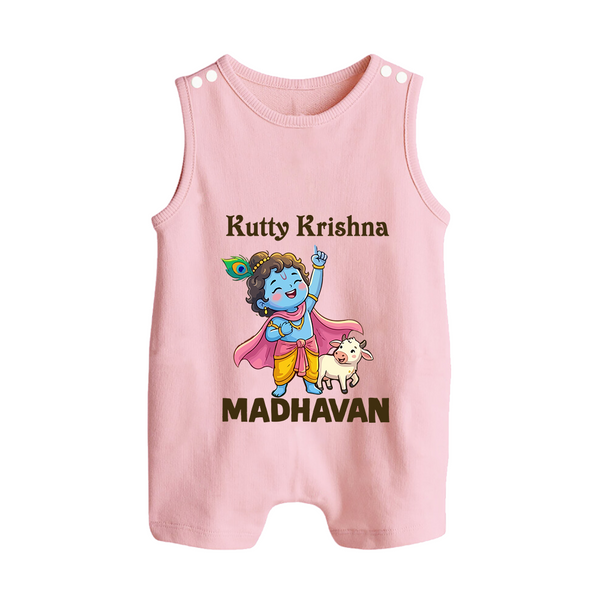 Cute Krishna Cow & Flute Theme Print Button Romper - BABY PINK - New Born (Chest 18")