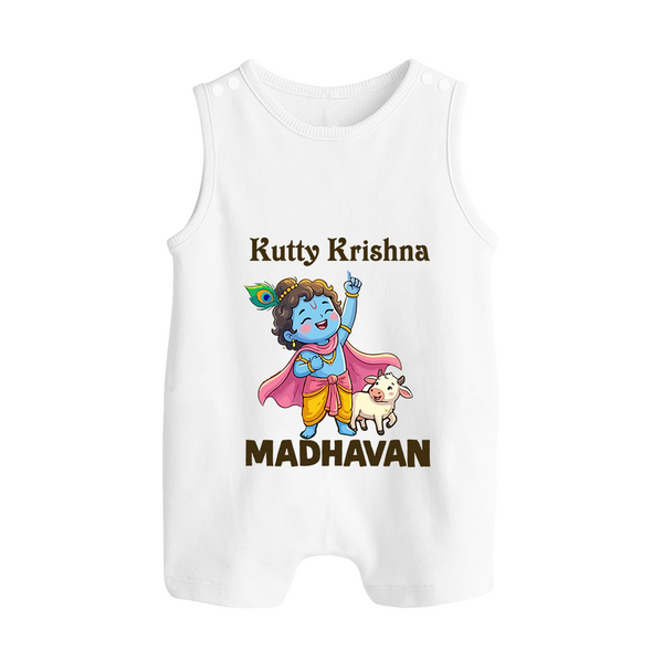 Cute Krishna Cow & Flute Theme Print Button Romper - WHITE - New Born (Chest 18")