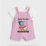 Cute Krishna Cow & Flute Theme Print Dungaree - BABY PINK - 0 - 5 Months Old (Chest 18")