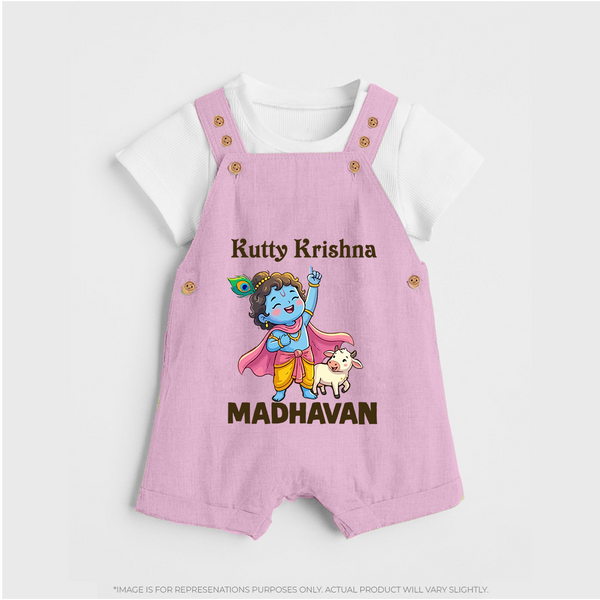 Cute Krishna Cow & Flute Theme Print Dungaree - BABY PINK - 0 - 5 Months Old (Chest 18")