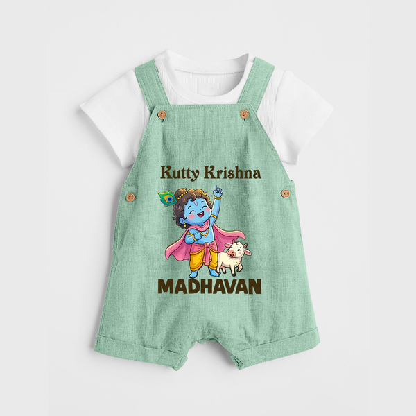 Cute Krishna Cow & Flute Theme Print Dungaree - MINT GREEN - 0 - 5 Months Old (Chest 18")