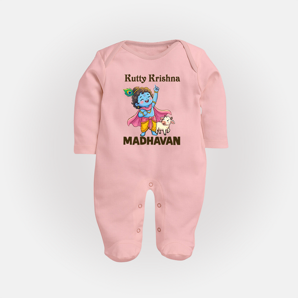 Cute Krishna Cow & Flute Theme Print Fullbody suit - BABY PINK - New Born (Chest 7.5")