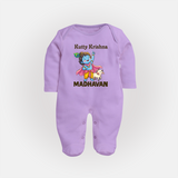 Cute Krishna Cow & Flute Theme Print Fullbody suit - LILAC - New Born (Chest 7.5")