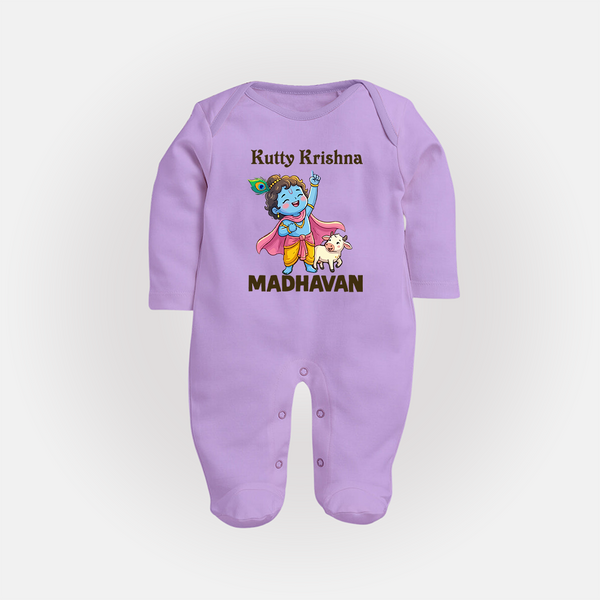 Cute Krishna Cow & Flute Theme Print Fullbody suit - LILAC - New Born (Chest 7.5")