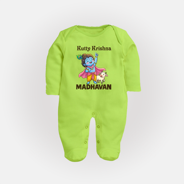 Cute Krishna Cow & Flute Theme Print Fullbody suit - LIME GREEN - New Born (Chest 7.5")
