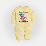 Cute Krishna Cow & Flute Theme Print Fullbody suit - PASTEL YELLOW - New Born (Chest 7.5")